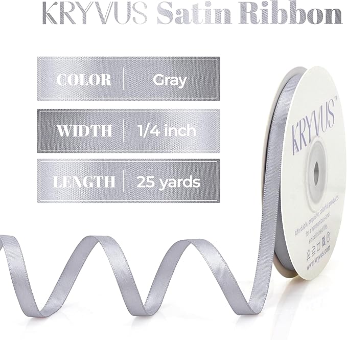 Gray Satin Ribbon, Double Faced 1/4 Inch X 25 Yards Gray Ribbon, Premium Satin Ribbon for Gift Wrapping, Crafts, Hair Bow Making, Sewing, Flower Bouquet, Wedding Party Decor