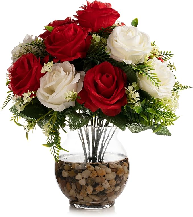 ENOVA FLORAL 18 Heads Silk Rose Artificial Flowers in Vase,Faux Rose Flowers Arrangement in Round Bowl Vase with Faux Water and River Rock for Table Decor Centerpieces (Cream Red)