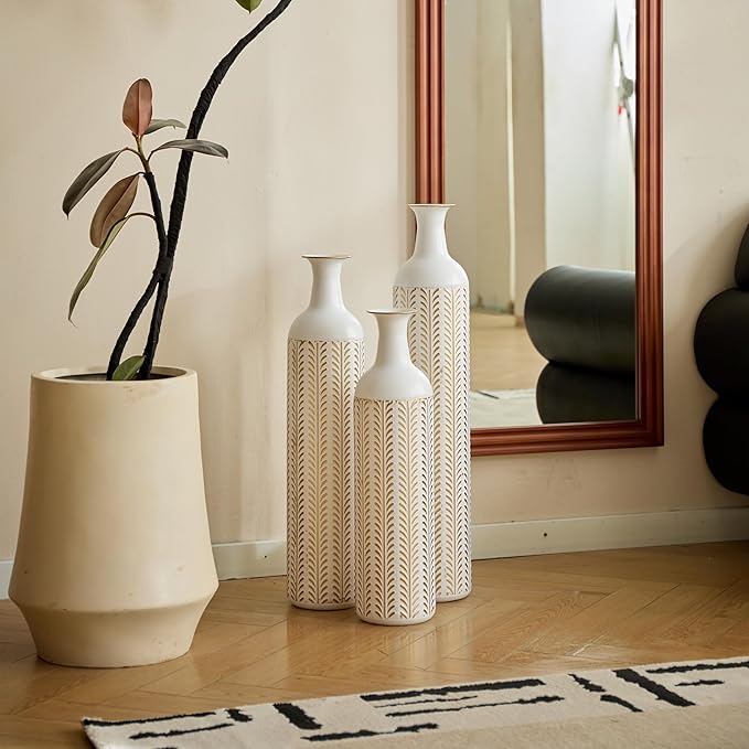 Floor Vases, Tall Home Decor Metal Vase Set of 3 Large Glazed Decorative Vases for Wedding Decor, Elegant Modern Flower Holder for Living Room, Entryway, Hallway, Dining Room