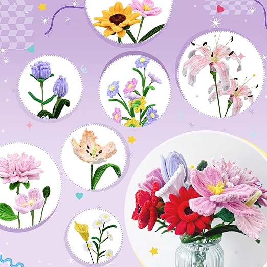 572 PCS Pipe Cleaners Flower Kit, 13 Colors Chenille Stems with Floral Wires, Stamen, Tapes, Dot Glue, Instruction & Gift Box – DIY Craft Set for Handmade Bouquets