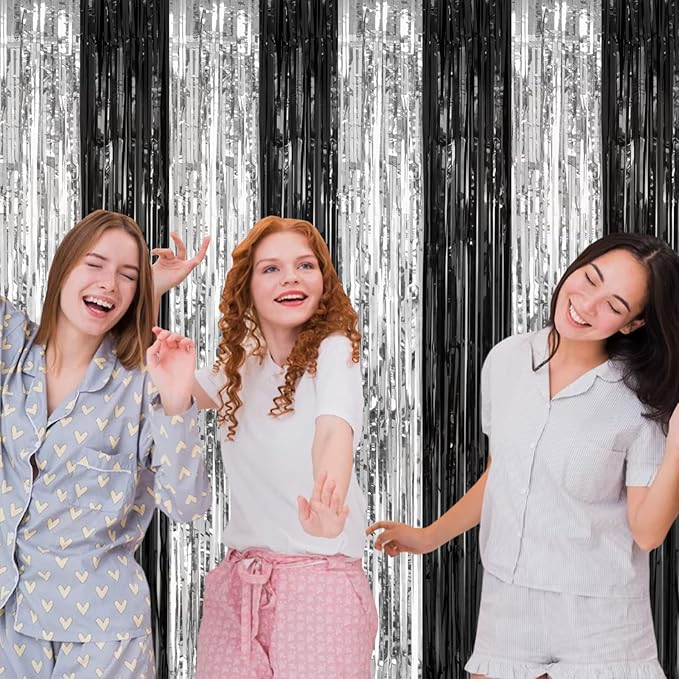2 Pack 3.2 x 8.2 ft Black and Silver Foil Fringe Curtains Party Decorations, Sparkle Tinsel Curtain Photo Backdrop for Birthday Wedding Graduation Stream