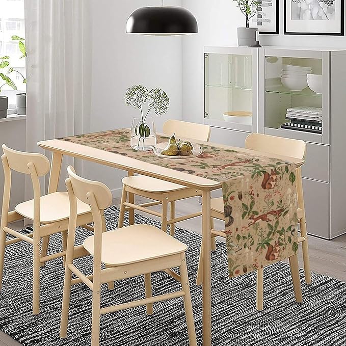 Rustic Woodland Table Runner, Retro Cabin Lodge Fairy Tale Forest Wild Animals Hare Squirrel Print Table Runner for Kitchen Dining Home Decor Wreath Party Decoration, 13x60inch