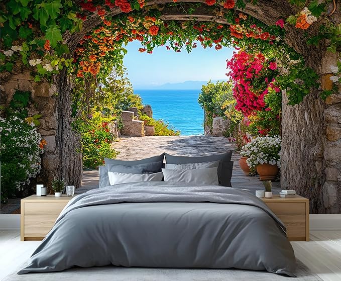 Mediterranean Arch Seaside Wall Mural, Flower Tunnel Ocean View 3D Wall Murals, Greek Island Style Wallpaper Mural, for Living Room Bedroom Large Wallpaper Indoor Decor 98.4" W x68.9 H