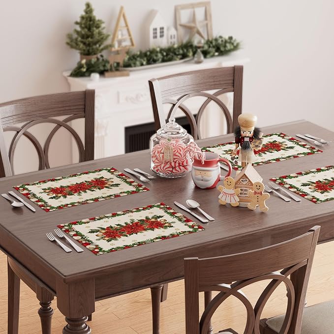 XCHI Christmas Poinsettias Leaves Bells Snowflakes Winter Xmas Placemats Set of 4 Table Mats for Party Home Kitchen Dining Table Decorations 12x18 Inch
