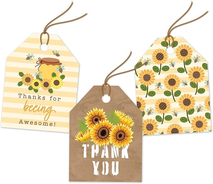 Pro Supply Global Strung Sunflowers Theme Gift Tags - 2.5x3 Inch 24 Pack - 3 Design Styles Assorted Cardstock Prints Pre-Strung Hanging Labels Suitable for Wrapping Favors DIY Presents Packaging Bags.