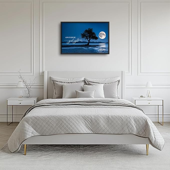 Bedroom Large Wall Art Moon Tree Landscape Pictures Wall Decor Always Kiss Me Goodnight Sign Canvas Prints blue night poster Framed Artwork Decoration above over Bed for Love Living Room 36"x24"