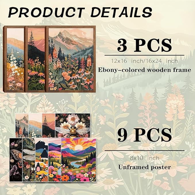 Colorful Nature Floral Wall Art Set of 3 12x16in Wood Framed, with 9 Bonus 8x10in Poster Art Prints, Boho Retro Wildflower Landscape Artwork Wall Decor for Living Room Bedroom Home Decor