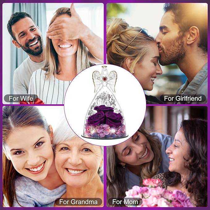 Mothers Day Rose Gifts for Women, Large Angel Figurines with Real Roses, Preserved Real Flower Rose for Her - Purple