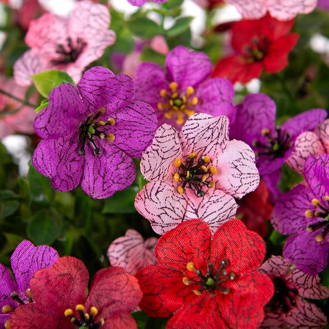 Artificial Silk Flowers Hanging Baskets Outdoors Indoors, Fake Daisy with Eucalyptus Leaves Arrangement for Garden Yard Spring Summer Decor Faux Green Plant(Red Brown Purple Pink)