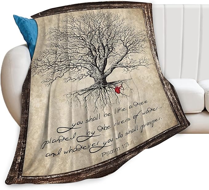 Christian Bible Tree of Life Throw Blanket - Religious Gifts and Decor for Women Men Adults - Soft Warm Cozy Fleece for Couch Sofa Bed 50"x40"