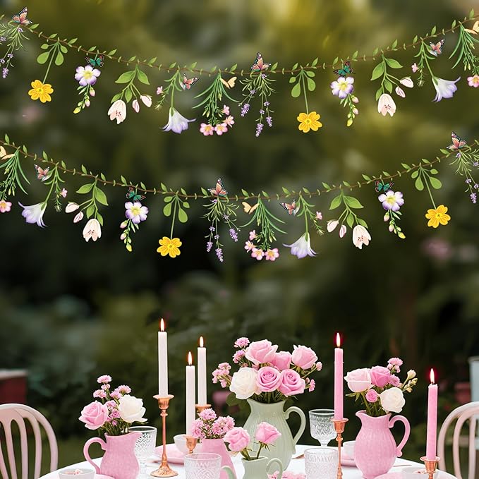 2PCS Flower Banner Reusable Wildflower Garland Floral for Spring Party Enchanted Garden Theme Picnic Wedding Baby Shower Birthday Tea Party Christmas Supplies Home Decorations