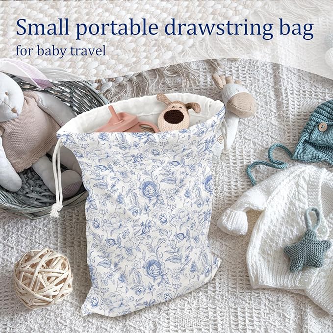 DSHFG Chinoiserie Blue Toile Floral Birthday Drawstring Gift Wrap Bags, Chinoiserie Baby Shower Drawstring Gift Bags Canvas, Blue and White Small Happy Birthday Bag, Gifts for Women, 10x13 Inch