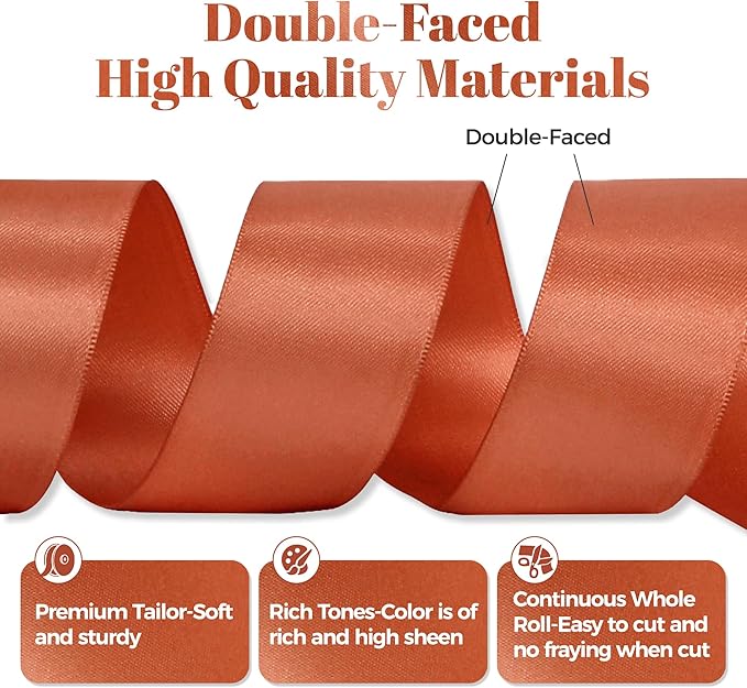 Copper Satin Ribbon, Double Faced 1-1/2 Inch X 50 Yards Copper Ribbon, Premium Satin Ribbon for Gift Wrapping, Crafts, Hair Bow Making, Sewing, Flower Bouquet, Wedding Party Decor
