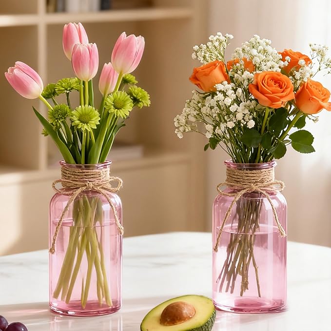 Vintage Glass Flower Vase，6 Pack Pink Farmhouse Glass Centerpiece Vases Mason Jars for Weddings, Parties & Home Decor Bulk (6, Pink)