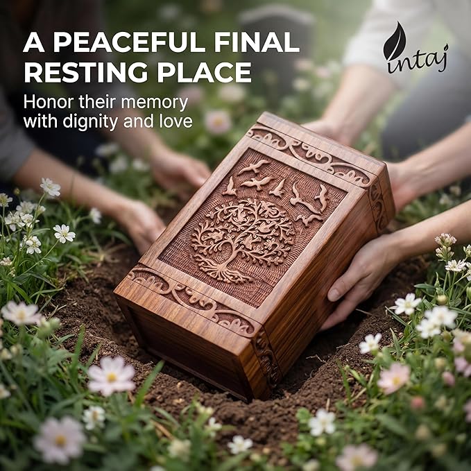 INTAJ Handcarved Wooden Cremation Urn for Human Ashes - Tree of Life Design, 250 lbs Capacity, Suitable for Adult Men and Women - Decorative Funeral Urn Box and Casket - Wooden Carved Box
