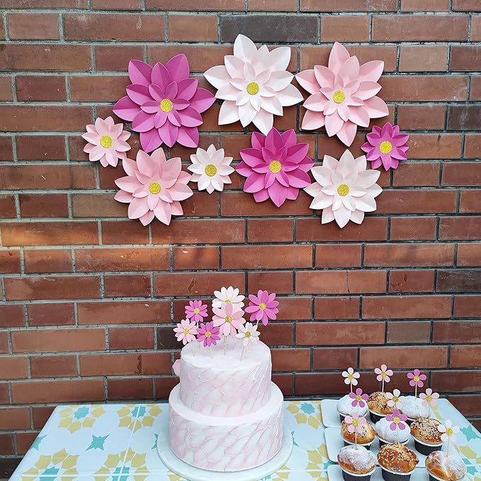 Pink Paper Flower Wall Decor DIY Paper Floral Backdrop Nursery Decor Pack of 9 (10"-6")