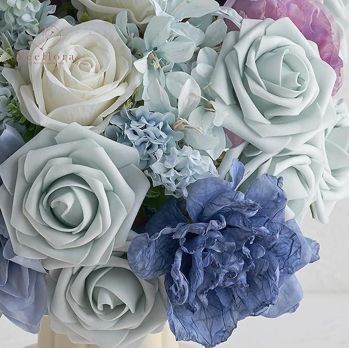 Artificial Flowers, 25pcs Light Blue Flowers Real Looking Artificial Rose for DIY Wedding Bouquets Centerpieces Arrangements, Blue Foam Flowers with Stem for Bridal Shower Party Home Decor