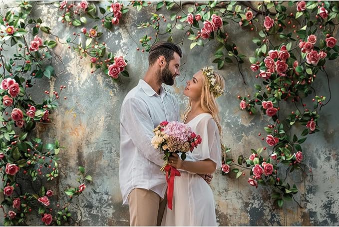 Baocicco 12x8ft Vinyl Old Floral Wall Photography Background Retro Texture Wall Grain Pink Rose Fairytale Birthday Backdrops Medieval Wedding Events Party Decorations Newborn Baby Shower Studio