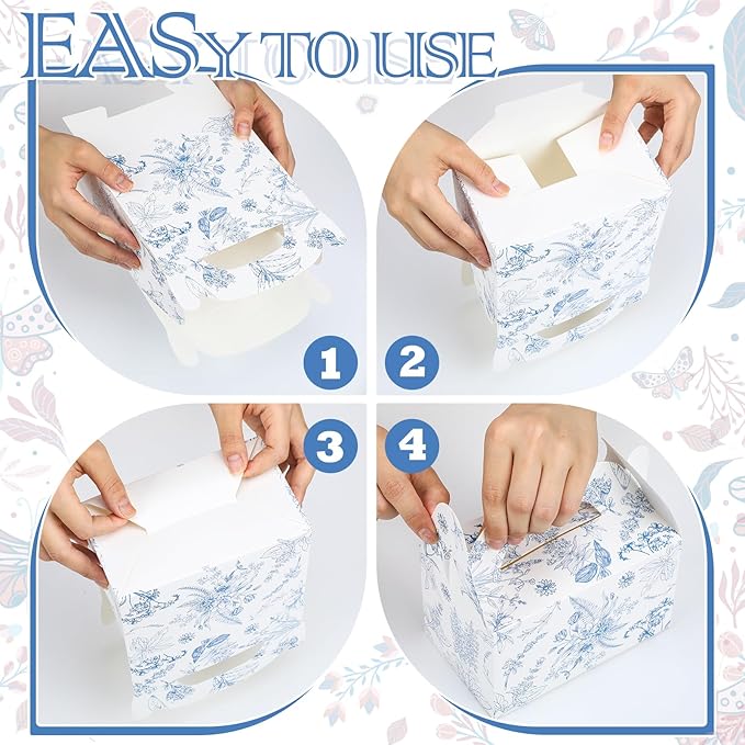 Dunzoom 24 Pack Blue Floral Paper Gift Boxes Party Favor Gift Gable Boxes with Chinoiserie Floral Printed Candy Treat Box for Wedding Birthday Tea Bridal Shower Party