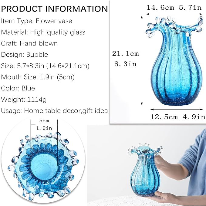 8inch Blown Glass Bubble Vase Collection Modern Art Flower Vase Decoration for Home Decor Living Room,Office,Centerpiece,Table and Wedding,Blue