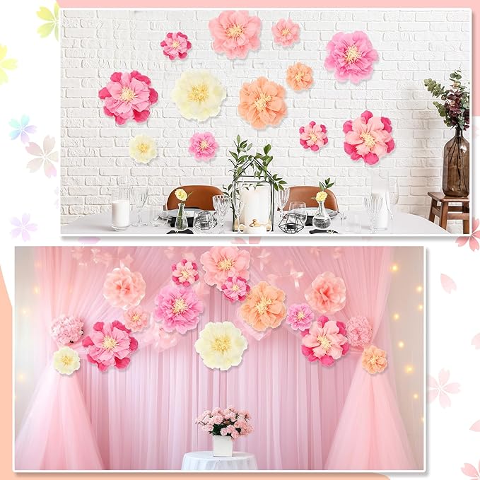 MotiMind 12 Pcs Large Colorful Tissue Paper Flowers 20" 10'' Giant Fiesta Paper Flowers Mexican Pom for Carnival Party Wall Backdrop Decoration Wedding Birthday (Gradient Pink)