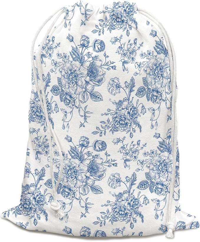 DSHFG Light Blue Chinoiserie Toile Floral Birthday Drawstring Gift Wrap Bags, Chinoiserie Baby Shower Drawstring Gift Bags Canvas, Blue and White Small Happy Birthday Bag, Gifts for Women, 10x13 Inch