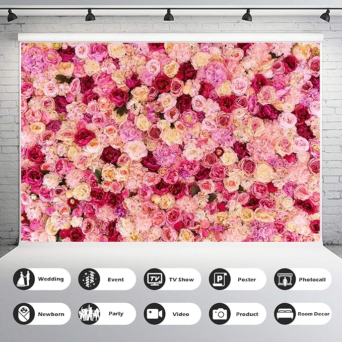 Pink Red Rose Flowers Theme Photography Background Baby Shower Wedding Happy Birthday Photo Backdrop Dessert Cake Table Floral Decoration Studio Props Banner Decor Background 15x10ft