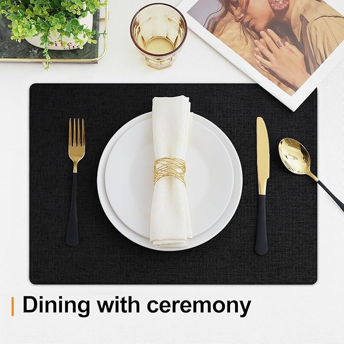 Homaxy Cloths Placemats for Dining Table Set of 6, Heat Resistant Washable Cotton Linen Blend Table Mats, Easy to Clean Place Mats for Indoor Outdoor Party Kitchen Decoration, 13" x 19", Black