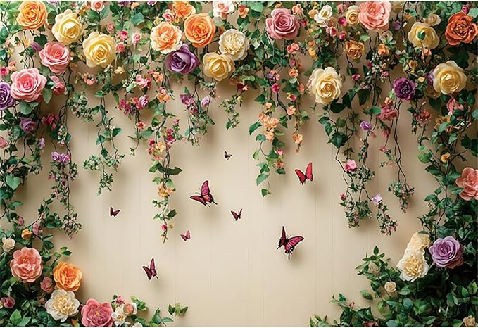 Baocicco 12x10ft Flowers Wall Photography Background Butterfly Spring Floral Botanical Banner Backdrop Vintage Wedding Birthday Backdrop Decorations Girls Party Table Cake Decoration Photo Props