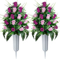 Artificial Cemetery Flowers - Set of 2 Grave Memorial Rose Flowers with Vase for Cemetery Headstones Gravesites Decoration (Purple & Pink)