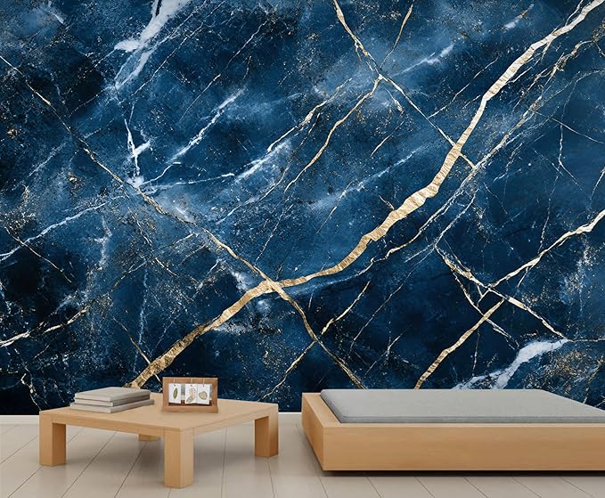 Blue Marble Wall Mural, Gold Vein Marble 3D Wall Murals, Luxury Navy Stone Wallpaper Mural, for Living Room Bedroom Large Wallpaper Indoor Decor 169.3" W x118.2 H
