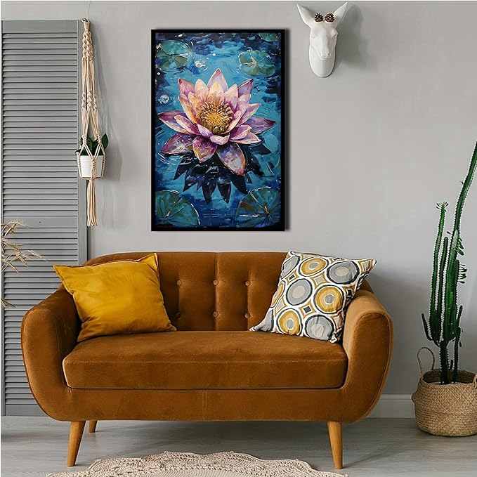 Gorgeous pink and purple water lilies on deep blue water Eye-catching oil painting Serene aquatic wall art for modern home decor 24x36in Metal blackFramed