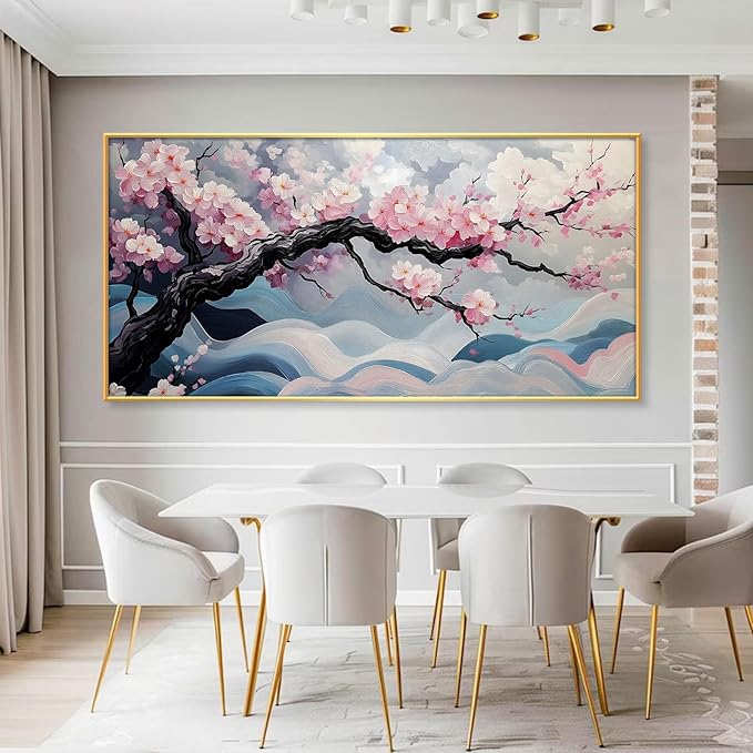 Japanese Cherry Blossom Canvas Wall Art, Sakura Tree Canvas Print, Pink Floral Pictures, Cherry Blossom Tree Wall Art, Flower Branch Decor, Nature Prints for Living Room (Black Framed, 55"x27" | 140x70cm)