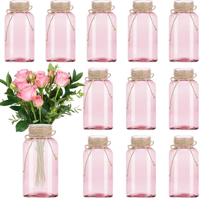 Vintage Glass Flower Vase，12 Pack Pink Farmhouse Glass Centerpiece Vases Mason Jars for Weddings, Parties & Home Decor Bulk (12, Pink)