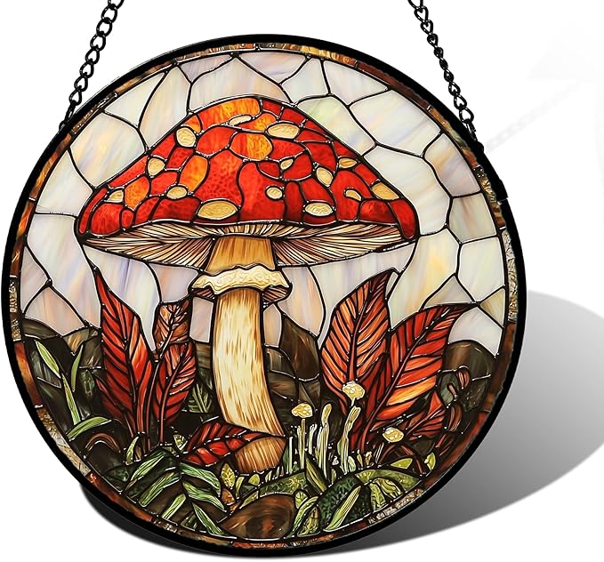 Stained Glass Window Hanging, Big Red Mushroom Suncatcher for Doors Home Sun Catchers Decoration and Christmas, Mother's Day Birthday Gifts for Women, Men, and Mom 11.8x11.8 in