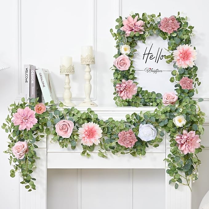 Waipfaru 2 Pcs Flower Garland, 12.14ft Eucalyptus Garland Vines with Flowers for Wedding Reception Table Mantle Spring Room Decor (Rose Pink)