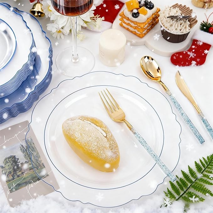 Liacere 150PCS Clear and Blue Plastic Plates-Clear and Blue Disposable Plates with Glitter Bamboo Handle Cutlery-60 Baroque Elegant Plates, 30 Forks, 30 Spoons, 30 Knives for Wedding＆Christmas