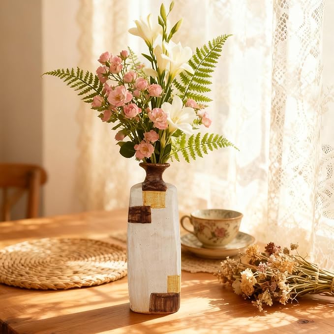 Ceramic Flower Vase Home Decor-8" Tall Vase for Centerpieces,Large Decorative Terracotta Vases, Farmhouse Rustic Pottery Vase for Home Decor Living Room, Table,Shelf or Mantel(Square)