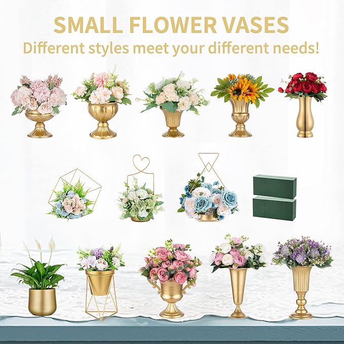 Nuptio Gold Vases for Centerpieces Wedding - 2 Pcs 9in Height Metal Urn Planter Elegant Wedding Centerpieces for Tables - Trumpet Vase for Weddings Party Decoration Centerpiece Table Decorations