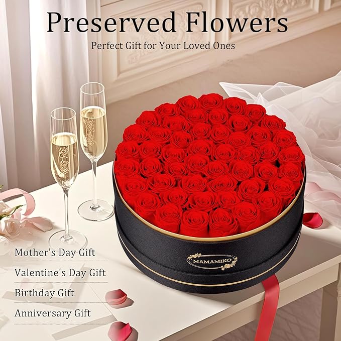 50 Preserved Roses in a Gift Box for Her - Forever Flowers for Delivery, Eternal Rose Mothers Gifts for Mom, Wife Anniversary Birthday Gifts for Women, Red