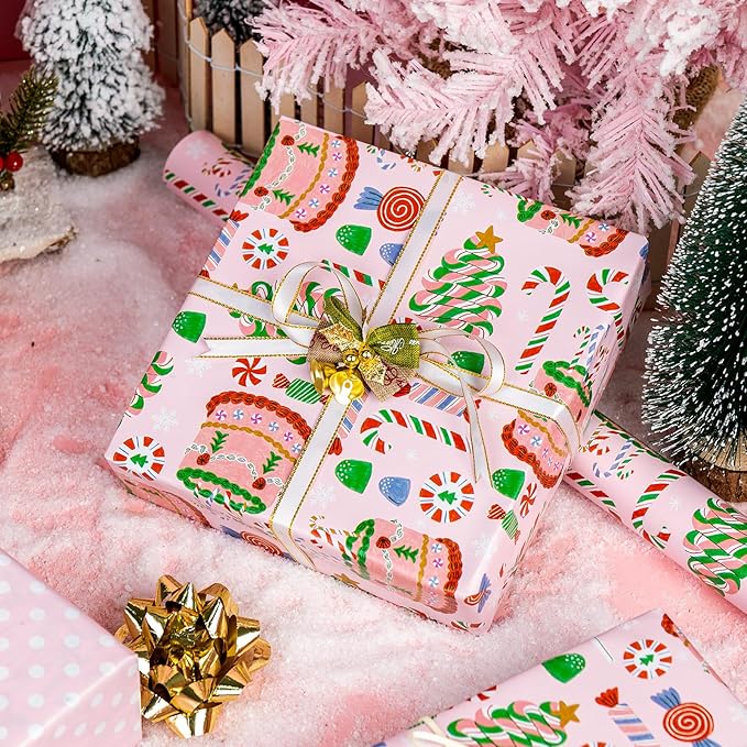 MAYPLUSS Christmas Wrapping Paper Roll - 17 In x 33 Feet - Cute Pink Christmas Candy Cane Cake Reversible Polka Dot Gift Wrap Paper for New Year, Holiday, Kids