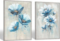 Flower Canvas Framed Wall Art: 2 Pieces Living Room Turquoise Floral Abstract Prints Artwork Vintage Teal Bouquet Botanical Painting Picture for Bedroom Bathroom Home Office