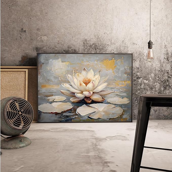 Ethereal white lotus floating on Crystal Waters poster vintage oil painting printwall art soft blush and gold accents serene home and office decor dreamy 8x12in Metal blackFramed