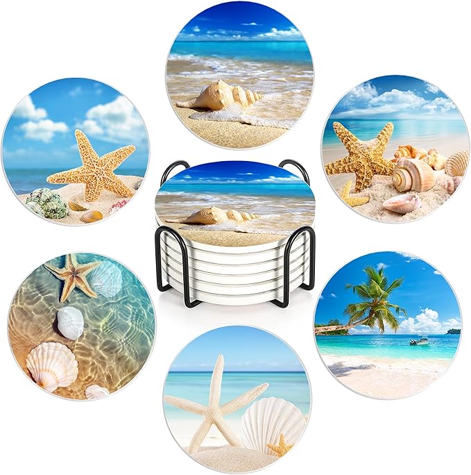 Drink Coasters with Holder,6 Pcs Beach Seaside Design, Water-Absorbent Beverage Pads for Dining Table Decor & Glass Protection