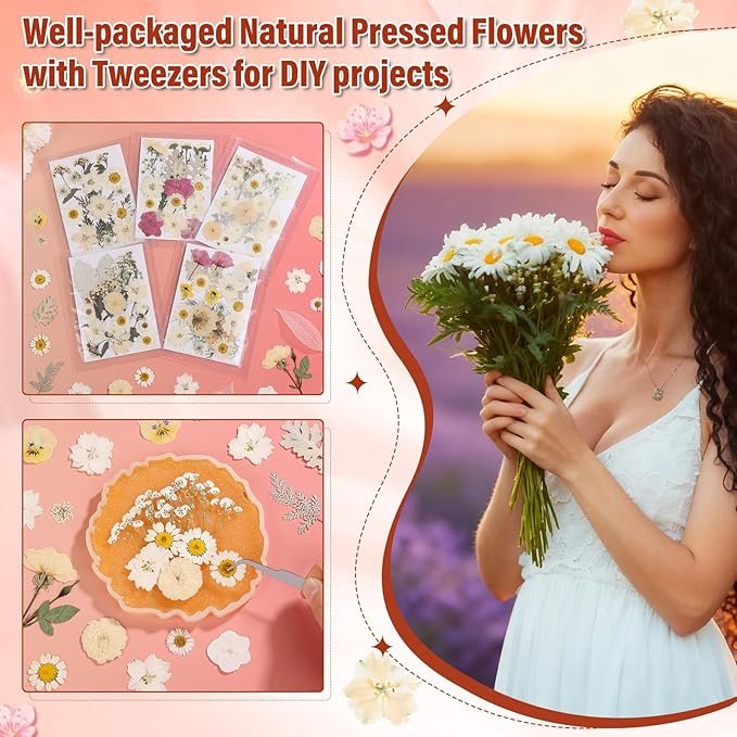 Dried Pressed Flowers for Resin, Real Pressed Flowers Dry Leaves Bulk Natural Herbs Kit for Scrapbooking DIY Art Crafts Epoxy Resin Jewelry Mold Candle Soap Making Nails Décor (White & Pink Floral)