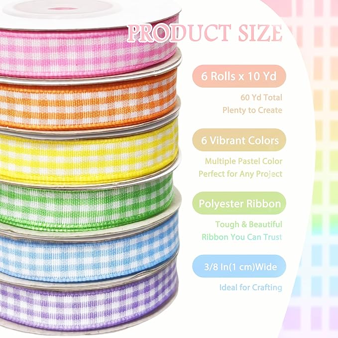 3/8" 6 Colors X 10 Yards Light Rainbow Check Satin Ribbon,60 Yards Assorted Colors Satin Ribbons for Flower Bouquet,Ribbons for Gift Wrapping Happy Birthday Party Decorations