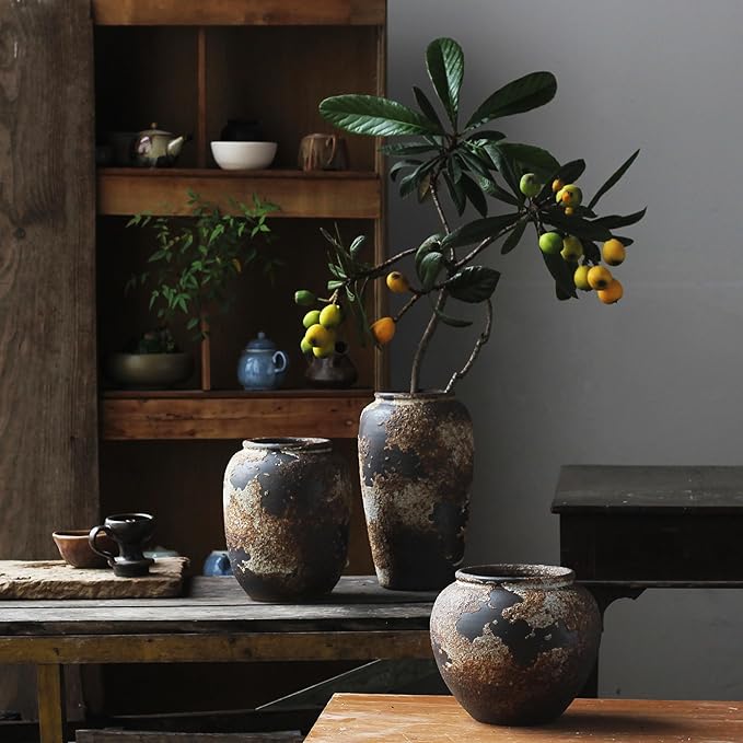 Denique Rustic Vase for Home Decor, Farmhouse Terracotta Vases, Large Ceramic Vase for Living Room Decor, Black Pottery Vase Large Clay Vase, Rustic Farmhouse Tabletop Decor(A-20cm)