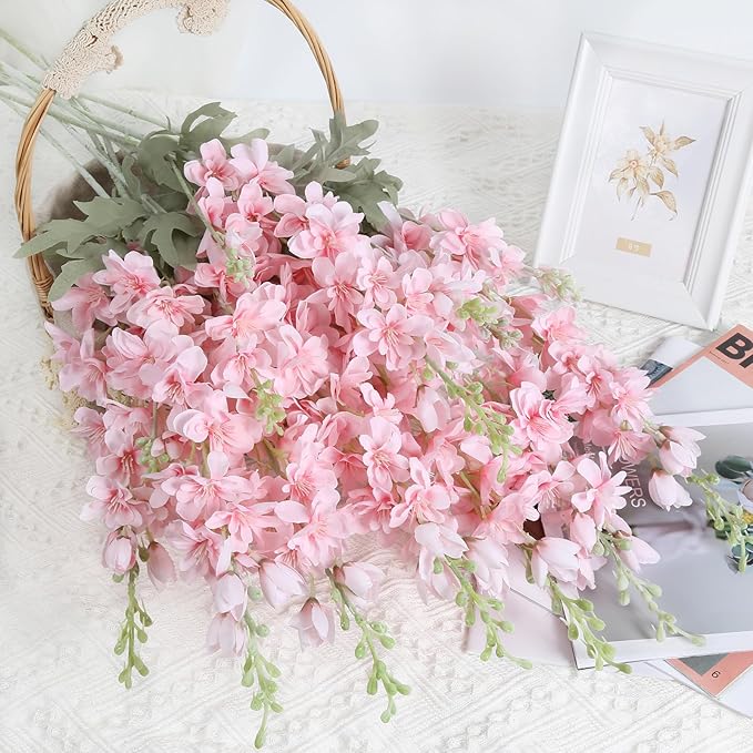 8PCS Pink Delphinium Artificial Flowers 33.5in Long Stem Larkspur Fake Silk Flowers for Tall Vase Faux Flowers for Home Wedding Baby Shower Floral Arrangement Centerpiece Table Decoration (Pink)