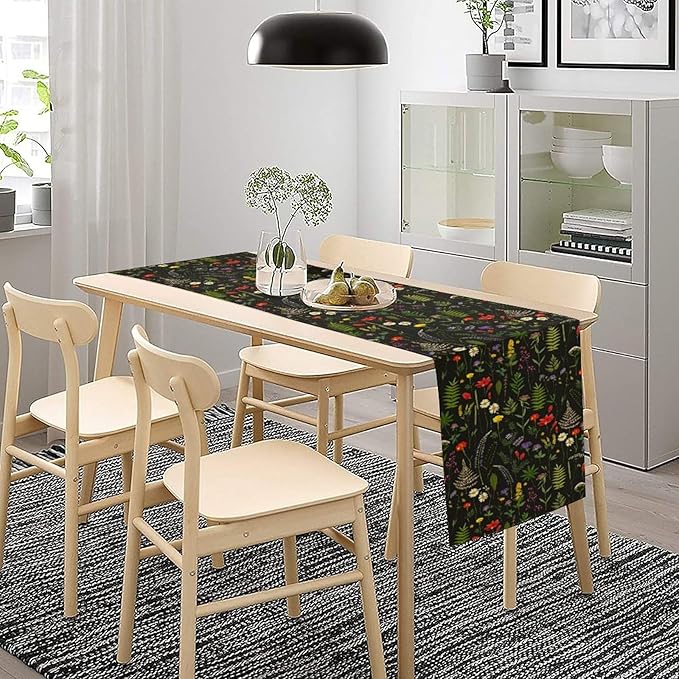Rustic Field Table Runner, Vintage Farmhouse Natural Forest Wildflowers Plants Herb Print Kitchen Dining Table Decor Seasonal Home Decoration Indoor Outdoor Party, 13x120inch