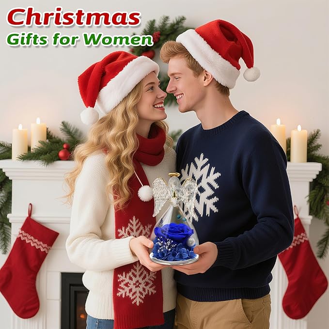 Yamonic Mom Birthday Gifts for Mom, Angel Figurines with Real Rose Gifts for Her Mom Grandma,Preserved Flowers Rose Angel Figurines for Mothers Day Christmas Anniversary Birthday Gifts for Her (Blue)